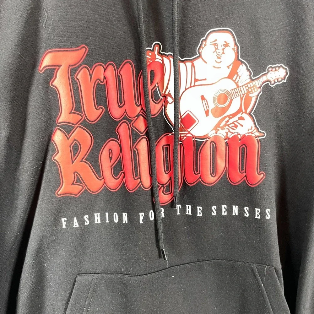 True Religion Hoodie Mens Medium Black Pullover Sweatshirt Buddha Spell Out $119